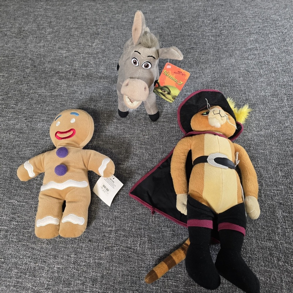 3 Shrek 2 Character Plush Stuffed Animal Lot Puss n Boots Donkey Gingerbread Man